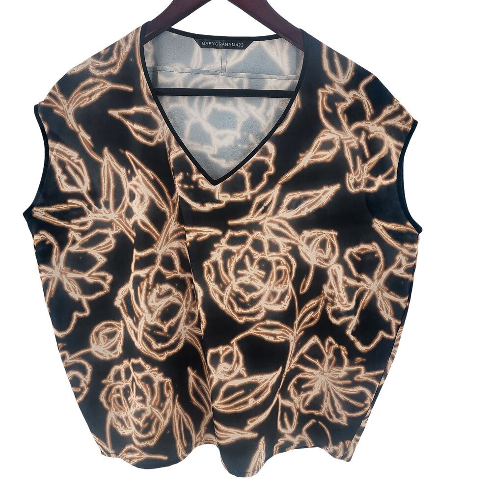 Gary Graham 422 Cocoon Top Short Sleeves Blouse Scoop Neck Black Floral Small
